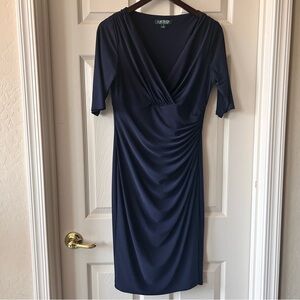 Lauren Ralph Lauren Navy Ruched V Neck Dress, Size 8